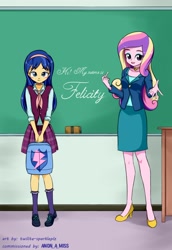 Size: 1100x1600 | Tagged: safe, artist:twilite-sparkleplz, imported from derpibooru, part of a set, flash sentry, princess cadance, oc, oc:felicity sentry, equestria girls, backpack, blushing, chalkboard, clothes, commission, commissioner:shortskirtsandexplosions, crossdressing, crystal prep academy, crystal prep academy uniform, crystal prep shadowbolts, dean cadance, desk, equestria girls-ified, eraser, femboy, girly sentry, looking at you, male, not rule 63, open mouth, part of a series, school uniform, sisters-in-law, smiling, trap