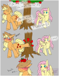 Size: 1050x1350 | Tagged: safe, artist:pastel-pony-pictures, imported from derpibooru, applejack, fluttershy, earth pony, pegasus, pony, apple, apple on head, apple tree, applebucking, applejack's hat, appleshy, blushing, comic, cowboy hat, cute, cutie mark, duo, embarrassed, female, food, freckles, giggling, hat, jackabetes, lesbian, mare, shipping, shyabetes, simple background, singing, smiling, stetson, tree, wings