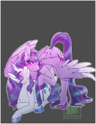 Size: 1050x1350 | Tagged: safe, artist:pastel-pony-pictures, imported from derpibooru, rarity, twilight sparkle, alicorn, pony, unicorn, blushing, colored hooves, cutie mark, duo, eyes closed, female, gray background, horn, lesbian, lying on top of someone, mare, nuzzling, rarilight, shipping, simple background, smiling, twilight sparkle (alicorn), wings