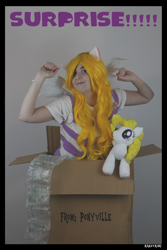 Size: 3456x5184 | Tagged: safe, artist:krazykari, imported from derpibooru, surprise, human, pony, box, clothes, cosplay, costume, high res, irl, irl human, photo, solo, toy