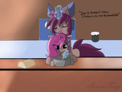 Size: 1024x768 | Tagged: safe, artist:aurorafang, imported from derpibooru, oc, oc:cocoaswirl, oc:mochaswirl, baking, bread, coffee, cooking, female, filly, foal, food, mare, mother and daughter, shop, singing