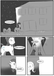 Size: 707x1000 | Tagged: safe, artist:jrain9110, artist:kaeaskavi, imported from derpibooru, fluttershy, rarity, pegasus, pony, unicorn, comic:equestria's infestation plague, building, comic, cowering, dialogue, door, duo, floppy ears, hallway, night, partial color, scared, speech bubble