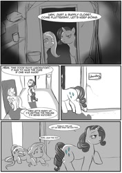 Size: 707x1000 | Tagged: safe, artist:jrain9110, artist:kaeaskavi, imported from derpibooru, fluttershy, rarity, pegasus, pony, unicorn, comic:equestria's infestation plague, anatomically incorrect, closet, comic, cowering, dialogue, door, duo, floppy ears, hallway, incorrect leg anatomy, laboratory, partial color, scared, speech bubble