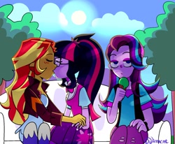 Size: 1700x1401 | Tagged: safe, artist:1racat, imported from derpibooru, sci-twi, starlight glimmer, sunset shimmer, twilight sparkle, human, equestria girls, blushing, bowtie, clothes, counterparts, eyes closed, female, food, glasses, ice cream, jacket, kiss on the lips, kissing, leather jacket, lesbian, lidded eyes, looking at you, ponytail, scitwishimmer, shipping, sitting, skirt, sunsetsparkle, third wheel, trio, twilight's counterparts