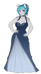 Size: 2343x4165 | Tagged: safe, artist:askbubblelee, imported from derpibooru, oc, oc only, oc:bubble lee, anthro, unicorn, anthro oc, big breasts, body freckles, breasts, choker, cleavage, clothes, dress, female, freckles, gown, hair bun, hand on hip, mare, simple background, solo, white background