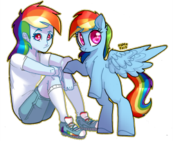 Size: 1500x1222 | Tagged: safe, artist:sl0ne, imported from derpibooru, rainbow dash, pegasus, pony, equestria girls, clothes, cute, dashabetes, female, human ponidox, looking at you, mare, self ponidox, shirt, shoes, shorts, simple background, sneakers, transparent background