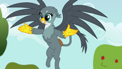 Size: 1280x720 | Tagged: safe, imported from derpibooru, screencap, gabby, griffon, the fault in our cutie marks, female, flying, mailbag, solo