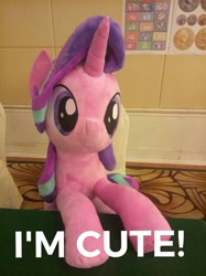Size: 500x667 | Tagged: safe, artist:nekokevin, edit, imported from derpibooru, starlight glimmer, pony, unicorn, series:nekokevin's glimmy, captain obvious, china, china ponycon, cute, female, glimmerbetes, i'm cute, irl, mare, photo, plushie, sitting, smiling, truth