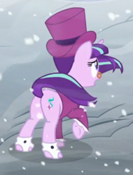 Size: 366x481 | Tagged: safe, imported from derpibooru, screencap, snowfall frost, starlight glimmer, pony, unicorn, a hearth's warming tail, butt, cropped, female, glimmer glutes, mare, plot, raised hoof, solo