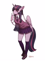 Size: 2200x3000 | Tagged: safe, artist:rd_3024, imported from derpibooru, twilight sparkle, alicorn, anthro, plantigrade anthro, clothes, cute, female, looking at you, mare, miniskirt, moe, necktie, pleated skirt, school uniform, shoes, simple background, skirt, socks, solo, sweater vest, thigh highs, thighs, twilight sparkle (alicorn), white background