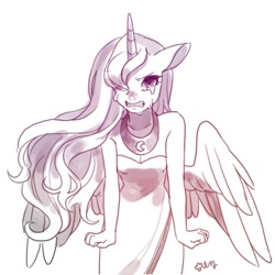 Size: 2000x2000 | Tagged: safe, artist:rd_3024, imported from derpibooru, princess luna, alicorn, anthro, bare shoulders, breasts, cleavage, clothes, crying, dress, female, high res, jewelry, looking at you, mare, regalia, simple background, solo, white background