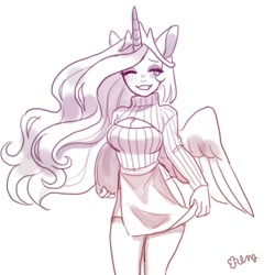 Size: 2000x2000 | Tagged: safe, artist:rd_3024, imported from derpibooru, princess celestia, alicorn, anthro, blushing, boob window, breasts, cleavage, clothes, cute, female, keyhole turtleneck, miniskirt, moe, one eye closed, open-chest sweater, short skirt, simple background, skirt, skirt lift, solo, sweater, tray, turtleneck, white background