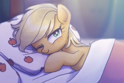 Size: 1059x706 | Tagged: safe, artist:xp_r6, imported from derpibooru, applejack, earth pony, pony, bed, blanket, cute, female, in bed, jackabetes, looking at you, mare, one eye closed, pillow, smiling, solo