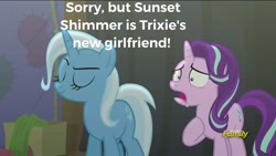 Size: 1366x768 | Tagged: safe, edit, edited screencap, imported from derpibooru, screencap, starlight glimmer, sunset shimmer, trixie, unicorn, no second prances, female, lesbian, shipping, suntrix