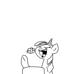 Size: 1280x1280 | Tagged: safe, artist:hotkoin, artist:pencilbrony, imported from derpibooru, twilight sparkle, bird, pony, unicorn, black and white, eating, eyes closed, female, food, grayscale, horn, mare, monochrome, open mouth, ponies eating meat, ponies eating seafood, simple background, solo, sushi, white background