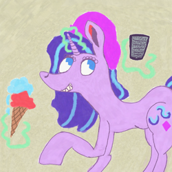 Size: 2100x2100 | Tagged: safe, artist:chocolate-mint swirl, imported from derpibooru, starlight glimmer, beanie, cellphone, food, glowing horn, hat, ice cream, magic, phone, raised hoof, telekinesis