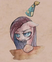 Size: 1780x2100 | Tagged: safe, artist:awk44, imported from derpibooru, pinkie pie, earth pony, pony, female, floppy ears, frown, hat, mare, party hat, pinkamena diane pie, solo, traditional art