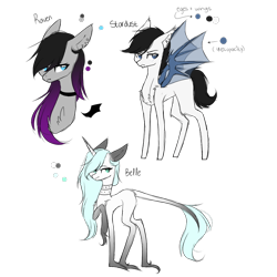 Size: 1000x1000 | Tagged: safe, artist:hyshyy, imported from derpibooru, oc, oc only, oc:belle, oc:raven, oc:stardust, bat pony, unicorn, female, male, mare, simple background, stallion, transparent background