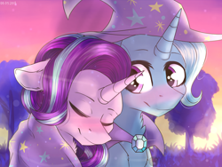 Size: 4000x3000 | Tagged: safe, artist:racheldantes, imported from derpibooru, starlight glimmer, trixie, pony, unicorn, blushing, cape, clothes, eyes closed, female, hat, lesbian, mare, shipping, smiling, startrix, tree, trixie's cape, trixie's hat