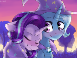 Size: 4000x3000 | Tagged: dead source, safe, artist:racheldantes, imported from derpibooru, starlight glimmer, trixie, pony, unicorn, blushing, cape, clothes, eyes closed, female, hat, heart eyes, lesbian, mare, shipping, smiling, startrix, tree, trixie's cape, trixie's hat, wingding eyes