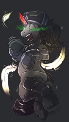 Size: 1080x1920 | Tagged: safe, artist:noben, imported from derpibooru, king sombra, curled up, feather, horn, laughing, magic, male, on back, tickling