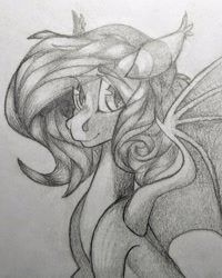 Size: 1726x2160 | Tagged: safe, artist:dodsie, imported from derpibooru, oc, oc only, oc:fire glow, bat pony, pony, bust, female, grayscale, mare, monochrome, simple background, solo, traditional art, white background