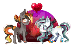 Size: 799x507 | Tagged: safe, artist:ipun, imported from derpibooru, oc, oc only, oc:coal burst, oc:madi hatter, earth pony, pony, unicorn, balloon, blushing, box of chocolates, female, heart balloon, heart eyes, mare, simple background, transparent background, watermark, wingding eyes