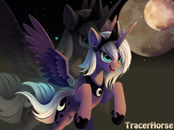 Size: 1780x1330 | Tagged: dead source, safe, artist:tracerhorse, imported from derpibooru, princess luna, alicorn, pony, female, mare, moon, night, solo, spread wings, stars, wings, zoom layer