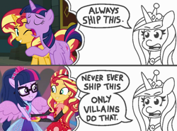 Size: 1374x1017 | Tagged: safe, artist:threetwotwo32232, edit, imported from derpibooru, screencap, princess cadance, sci-twi, sunset shimmer, twilight sparkle, alicorn, equestria girls, equestria girls series, forgotten friendship, always ship this, backwards, clothes, comic, dialogue, exploitable, exploitable meme, female, glasses, holding, lesbian, lidded eyes, male, meme, my hero academia, parody, ponied up, ponytail, princess of shipping, scitwilicorn, scitwishimmer, shipper on deck, shipping, skirt, smiling, sunsetsparkle, twilight sparkle (alicorn)