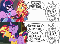 Size: 1398x1024 | Tagged: safe, artist:threetwotwo32232, edit, imported from derpibooru, screencap, princess cadance, sci-twi, sunset shimmer, twilight sparkle, alicorn, equestria girls, equestria girls series, forgotten friendship, always ship this, backwards, clothes, comic, dialogue, exploitable, exploitable meme, female, glasses, holding, lesbian, lidded eyes, male, meme, my hero academia, parody, ponied up, ponytail, princess of shipping, scitwilicorn, scitwishimmer, shipper on deck, shipping, skirt, smiling, sunsetsparkle, twilight sparkle (alicorn)