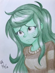 Size: 718x960 | Tagged: safe, artist:mayorlight, imported from derpibooru, wallflower blush, equestria girls, equestria girls series, forgotten friendship, ahoge, colored pencil drawing, cute, featured image, female, flowerbetes, freckles, sad, signature, simple background, solo, traditional art, white background