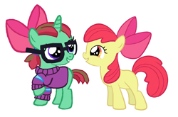 Size: 996x659 | Tagged: safe, imported from derpibooru, apple bloom, oc, oc:straight a's, bow, clothes, glasses, sweater