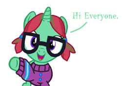 Size: 843x596 | Tagged: safe, imported from derpibooru, oc, oc only, oc:straight a's, pony, buttons, clothes, glasses, pigtails, solo, sweater, waving