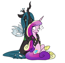 Size: 2182x2108 | Tagged: safe, artist:ggchristian, imported from derpibooru, princess cadance, queen chrysalis, alicorn, changeling, changeling queen, pony, cadalis, cutie mark, female, high res, horn, hug, infidelity, jewelry, lesbian, question mark, raised eyebrow, regalia, shipping, simple background, sitting, white background, wings