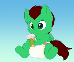 Size: 723x606 | Tagged: safe, artist:fangthefox, imported from derpibooru, oc, oc only, oc:northern haste, anthro, unguligrade anthro, age regression, anthro oc, baby, commission, diaper, foal, pill bottle, pills, simple background, solo