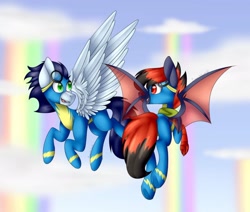 Size: 2048x1735 | Tagged: safe, artist:liamsartworld, imported from derpibooru, soarin', oc, oc:blue pixel, bat pony, griffon, hybrid, pony, bandana, bat pony griffon, clothes, talons, uniform, wonderbolts uniform