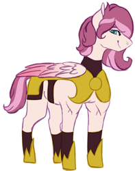 Size: 2410x3060 | Tagged: safe, artist:midnight-drip, imported from derpibooru, oc, oc only, oc:honey sickle, pegasus, pony, female, high res, magical lesbian spawn, mare, offspring, parent:fluttershy, parent:pinkie pie, parents:flutterpie, royal guard, simple background, solo, white background