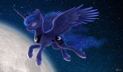 Size: 2048x1204 | Tagged: safe, artist:luminousdazzle, imported from derpibooru, princess luna, alicorn, pony, eyes closed, female, flying, mare, moon, solo, space, stars