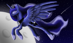 Size: 1360x800 | Tagged: safe, artist:luminousdazzle, imported from derpibooru, princess luna, alicorn, pony, 2013, eyes closed, female, flying, mare, moon, shooting star, solo, space