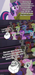 Size: 500x1060 | Tagged: safe, edit, edited screencap, imported from derpibooru, screencap, air way, amethyst star, apple polish, cherry spices, cloverbelle, cocoa caliente, golden grove, lemon hearts, magnet bolt, minty green, minuette, pearly whites, pokey pierce, rainbow stars, royal ribbon, sparkler, star bright, sunshine petals, twilight sparkle, twinkleshine, alicorn, pony, unicorn, the cutie re-mark, background pony, female, forever alone, male, mare, meme, speech, stallion, twilight sparkle (alicorn)