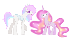 Size: 1483x833 | Tagged: safe, artist:pinkgalaxy56, imported from derpibooru, oc, oc only, oc:pink galaxy, oc:sunshine, alicorn, hybrid, pony, female, interspecies offspring, mare, offspring, parent:discord, parent:princess celestia, parents:dislestia, simple background, white background