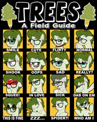 Size: 1024x1295 | Tagged: safe, artist:lostinthetrees, imported from derpibooru, oc, oc only, oc:trees, earth pony, pony, blushing, coffee, collar, dab, drool, expressions, female, floppy ears, glasses, heart eyes, mare, sleeping, solo, this is fine, wingding eyes, zzz