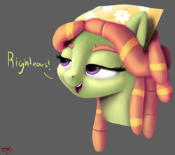 Size: 978x867 | Tagged: safe, artist:starkdust, imported from derpibooru, tree hugger, earth pony, pony, bust, female, lidded eyes, portrait, simple background, smiling, solo