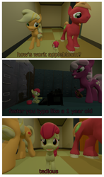 Size: 2000x3393 | Tagged: safe, artist:northern haste, imported from derpibooru, apple bloom, applejack, big macintosh, cheerilee, 3d, a series of unfortunate events, comic, diaper, musical instrument, netflix, reference, source filmmaker, typewriter, violin