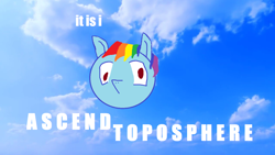 Size: 1280x720 | Tagged: safe, artist:macho madness, imported from derpibooru, rainbow dash, pony, 1000 hours in ms paint, cloud, female, inside joke, solo, stock image, surreal meme, text, wat