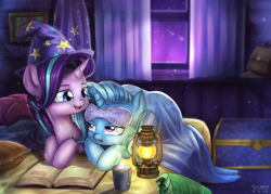 Size: 2100x1500 | Tagged: safe, artist:tcn1205, imported from derpibooru, starlight glimmer, trixie, pony, unicorn, book, cute, diatrixes, female, glimmerbetes, hat, lantern, lesbian, mare, photo, pillow, shipping, sleep mask, smiling, startrix, tea, teabag, trixie's hat, trixie's wagon, window