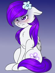 Size: 1631x2160 | Tagged: safe, artist:romablueberry, imported from derpibooru, oc, oc only, oc:diana love heart, pegasus, pony, blushing, cheek fluff, chest fluff, female, floppy ears, flower, flower in hair, frown, gradient background, mare, sitting, solo