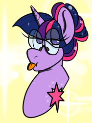 Size: 774x1032 | Tagged: safe, artist:tranzmuteproductions, imported from derpibooru, twilight sparkle, pony, unicorn, 2016, alternate hairstyle, bust, female, glasses, hair bun, mare, portrait, solo, tongue out, unicorn twilight