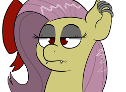 Size: 1100x800 | Tagged: safe, artist:tranzmuteproductions, imported from derpibooru, fluttershy, bat pony, pony, bust, ear piercing, fangs, female, flutterbat, lidded eyes, mare, piercing, portrait, race swap, simple background, solo, transparent background, unamused