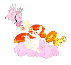 Size: 2368x2176 | Tagged: safe, artist:whalepornoz, imported from derpibooru, oc, oc only, oc:soleria star, alicorn, flying pig, hybrid, pig, pony, art trade, bowtie, clothes, cloud, cotton candy, cotton candy cloud, cup, female, food, interspecies offspring, lying on a cloud, magic, magic aura, mare, offspring, parent:discord, parent:princess celestia, parents:dislestia, simple background, teacup, teapot, telekinesis, transparent background